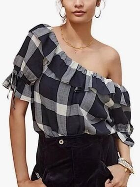 Anthropology Porridge Off-Shoulder Black and White Plaid Women's Top sz M